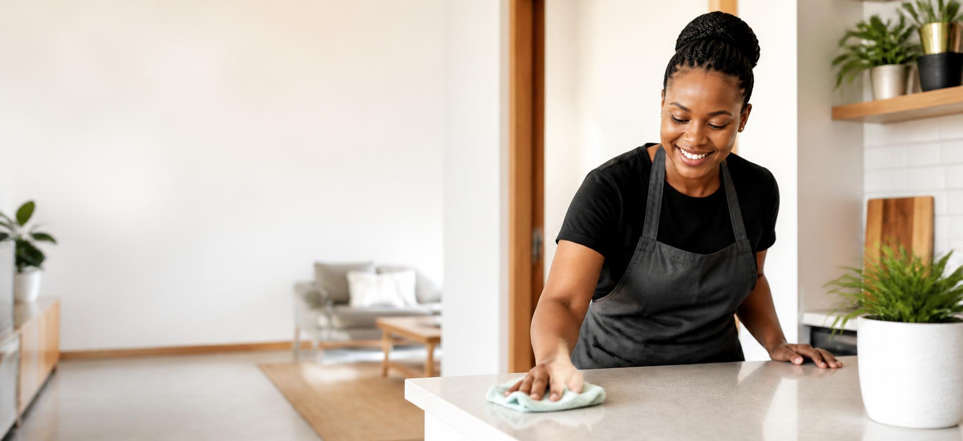 A professional StudeeHelpers cleaner working in a bright home